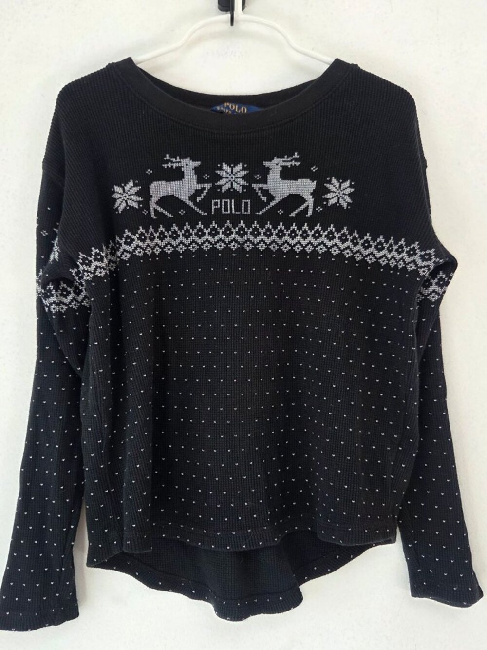 Polo Ralph Lauren Black Ribbed Thermal Long Sleeve Shirt Snow Reindeer 6X